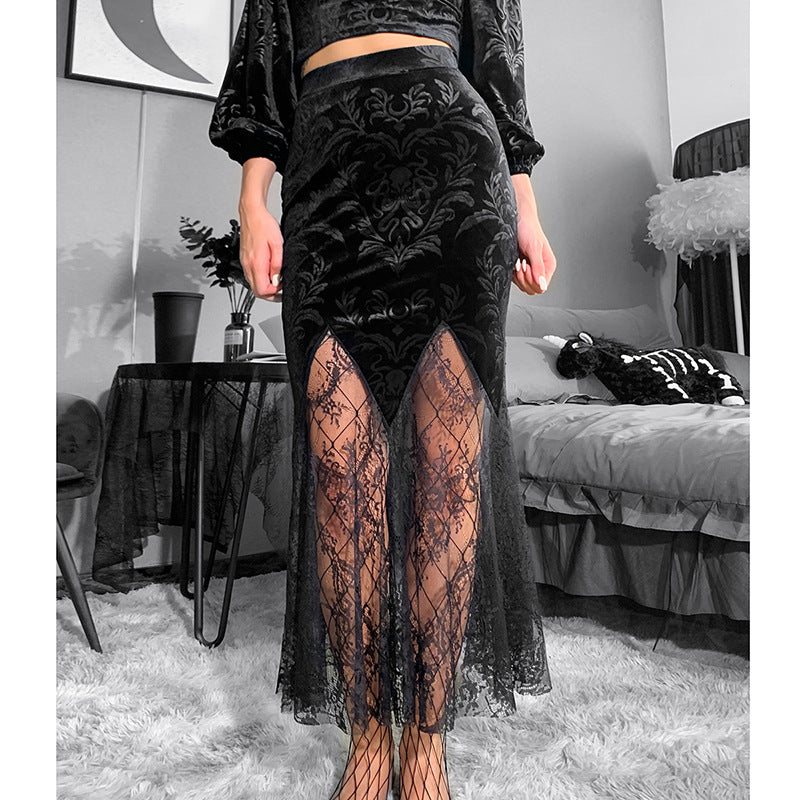 DANIELLE Gothic Demon Style Pattern Semi-Sheer Lace Skirt