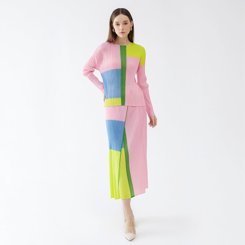 LISA Abstract Crewneck Long Sleeve Top High Waist casual Skirt Two Piece Suit
