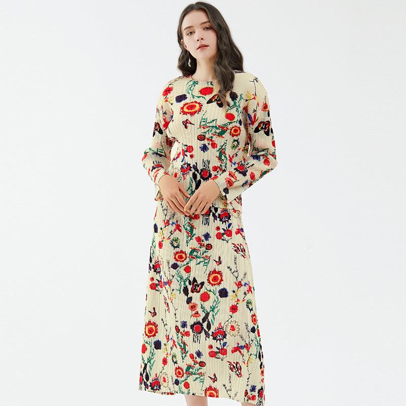 LISA Floral Round Neck Versatile Top A-line Skirt Suit