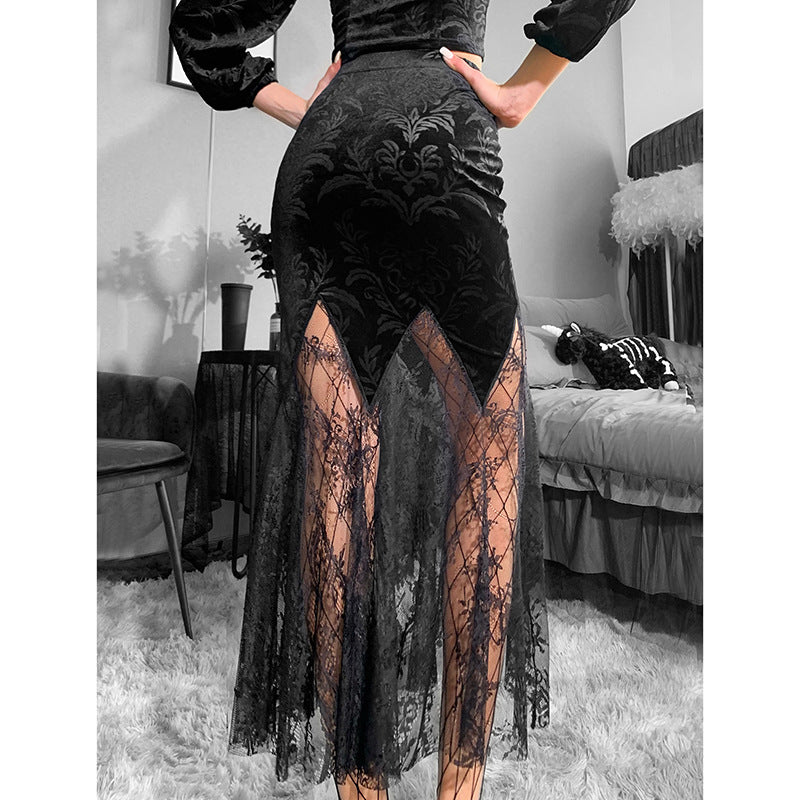 DANIELLE Gothic Demon Style Pattern Semi-Sheer Lace Skirt