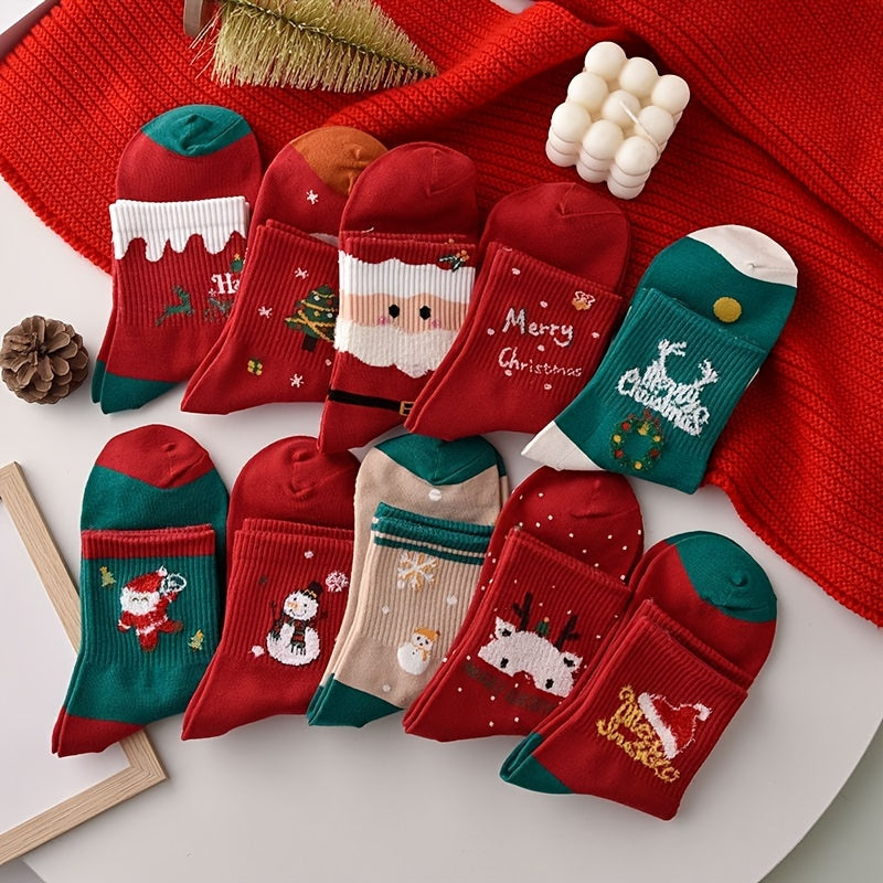 5 Pairs Christmas Print Socks, Comfy & Cute Mid Tube Socks, Women's Stockings & Hosiery