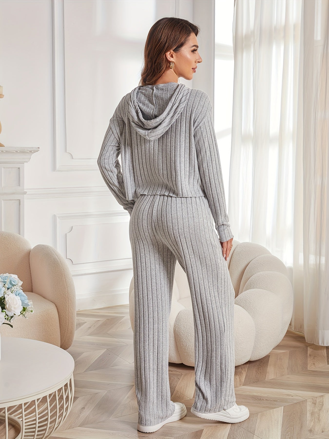 ROSE Casual Solid Knit Two-piece Set, Long Sleeve Drawstring Hoodie & Wide Leg Pants