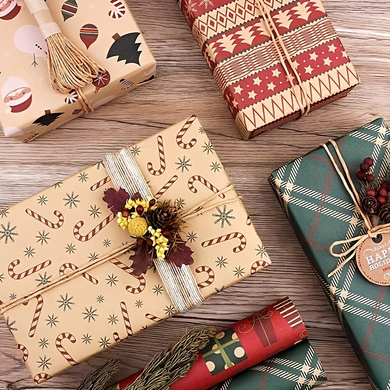 1 Pack, 6pcs Of Wrapping Paper With Different Christmas Patterns And 2 Bundles Of Cowhide Rope (10 Meters/bundle) And 1 Roll Of Double-sided Tape And 1 Sticker, Wrapping Paper, Tissue Paper, Flower Bouquet Supplies, Gift Wrapping Paper