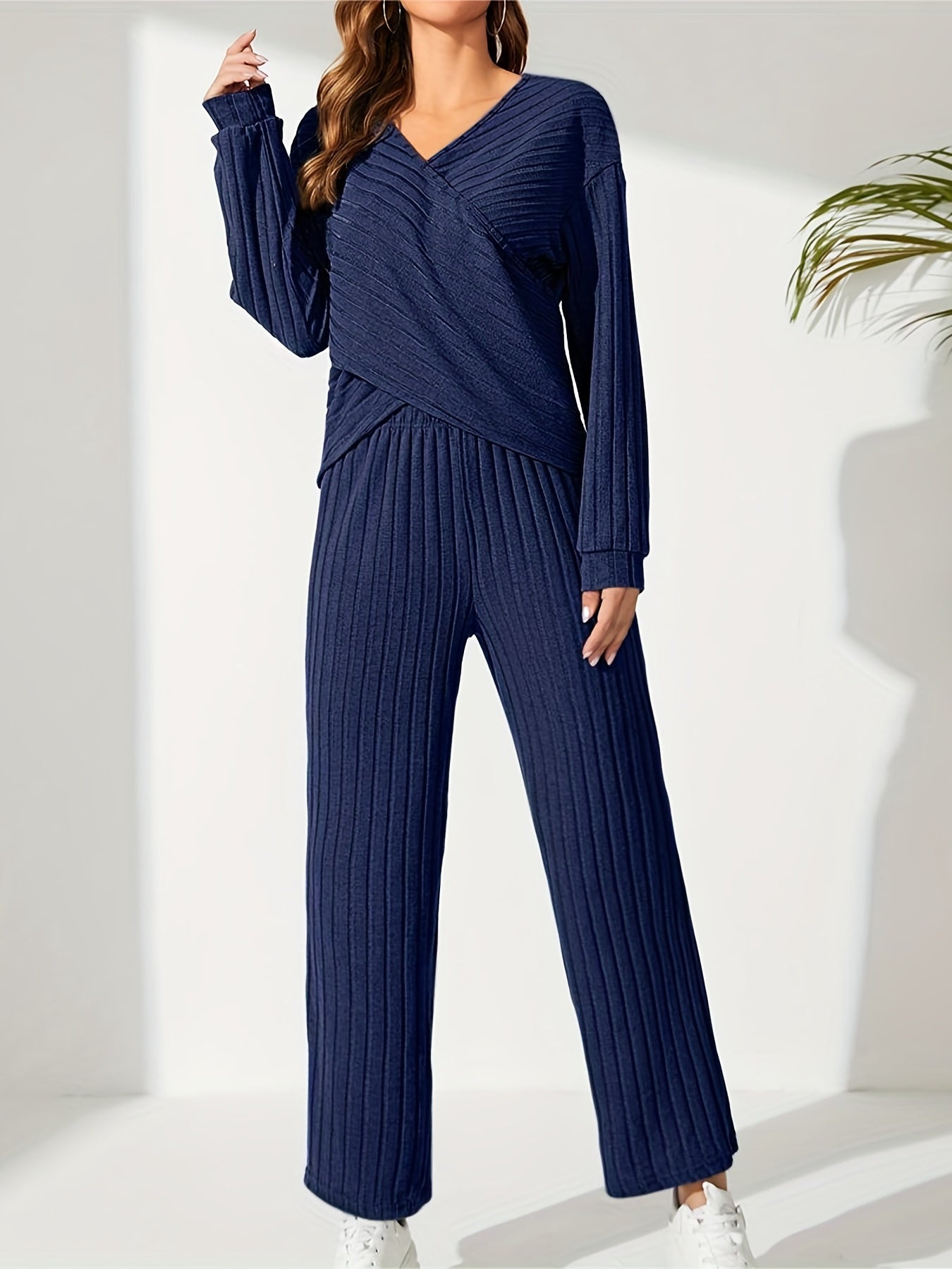 JENNIE Solid Rib Knit Two-piece Set, Casual Cross Front Long Sleeve Top & Slim Pants