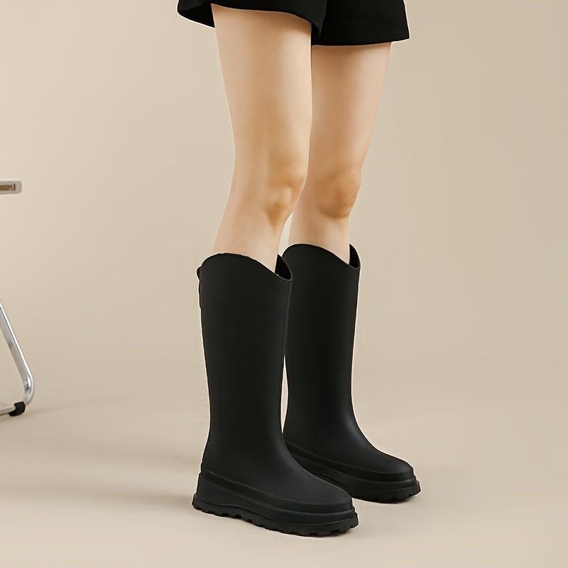 HAERIN Solid Color Rain Boots, Slip On Casual Platform Trendy Boots