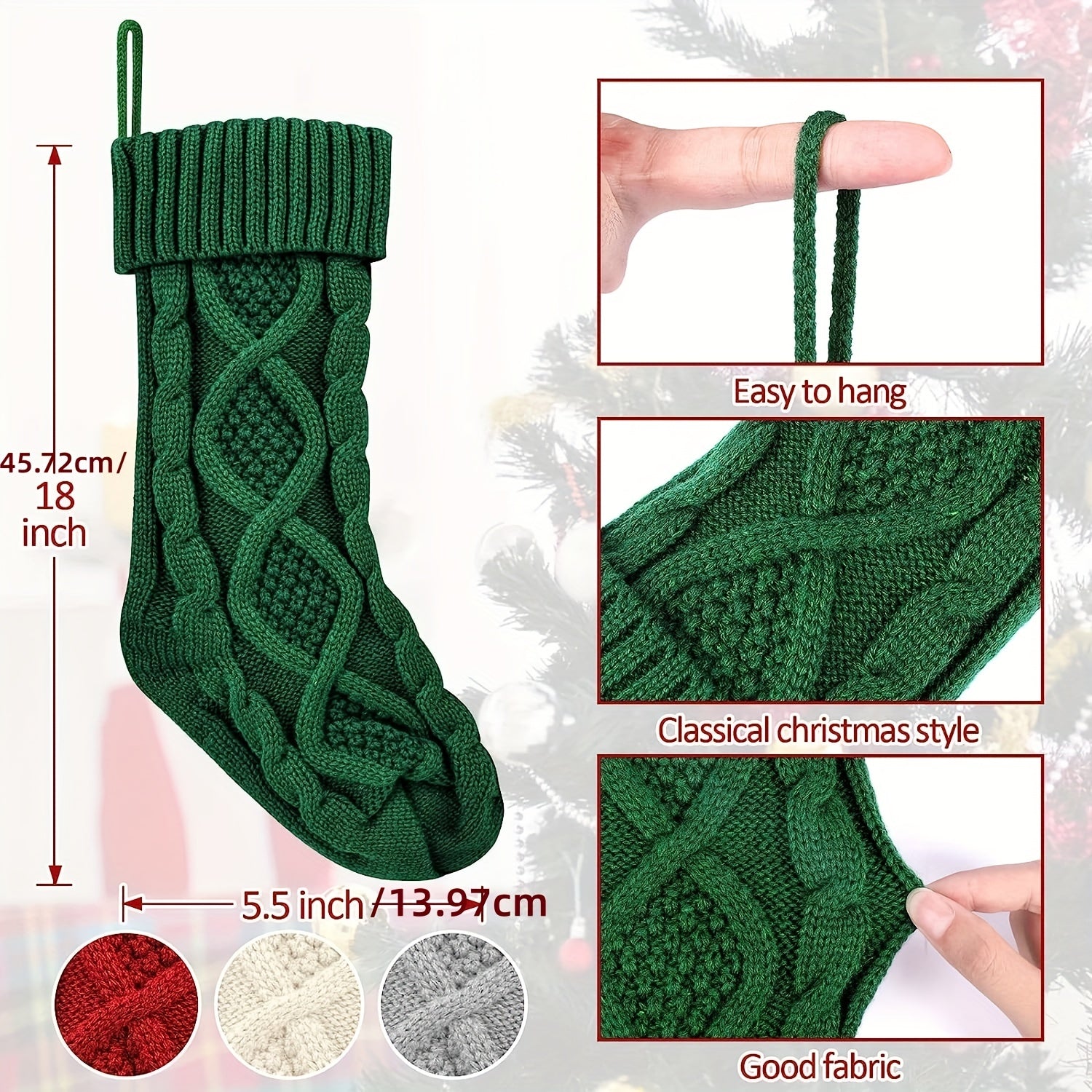 4pcs  Large  Knitted Christmas Socks With Christmas Decorations In Ivory, Burgundy, Gray, And Green Stockings Suitable For Fireplaces, Christmas Trees, Families, Holiday Parties, And Decorations