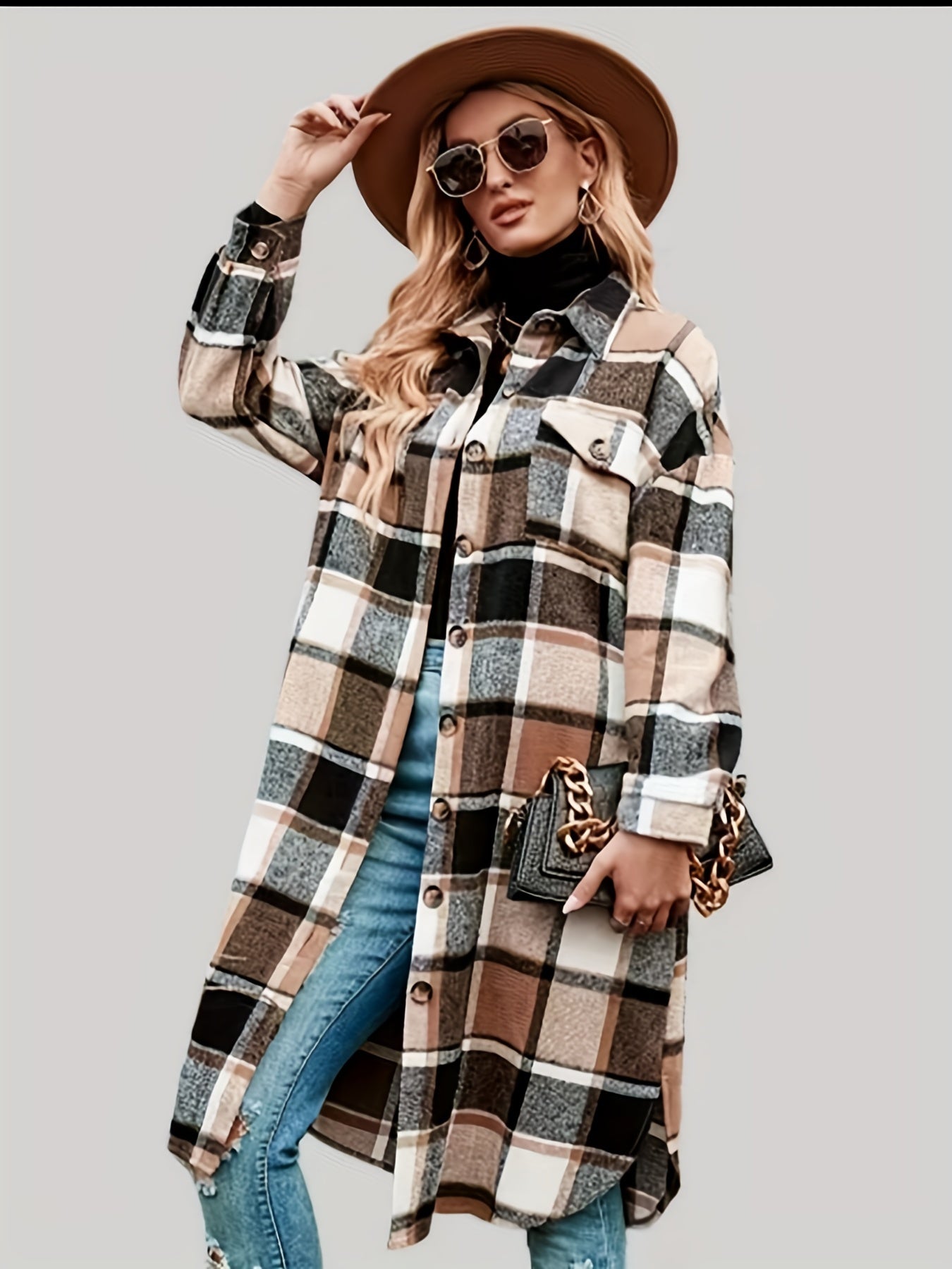 LISA Vintage Long Sleeve Plaid Button Front Trench Coat