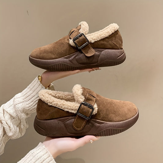 HAERIN Casual Buckle Strap Detailed Plush Lined Boots