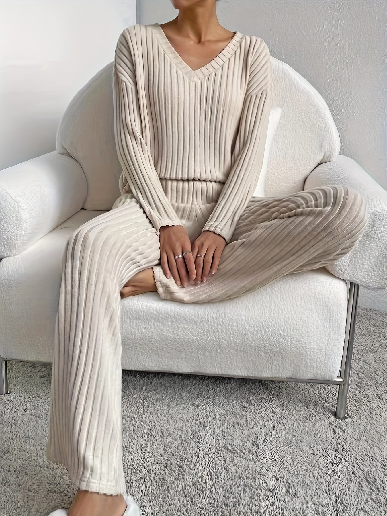 JENNIE Ribbed Casual Two-piece Set, V Neck Long Sleeve Tops & Wide Leg Pants