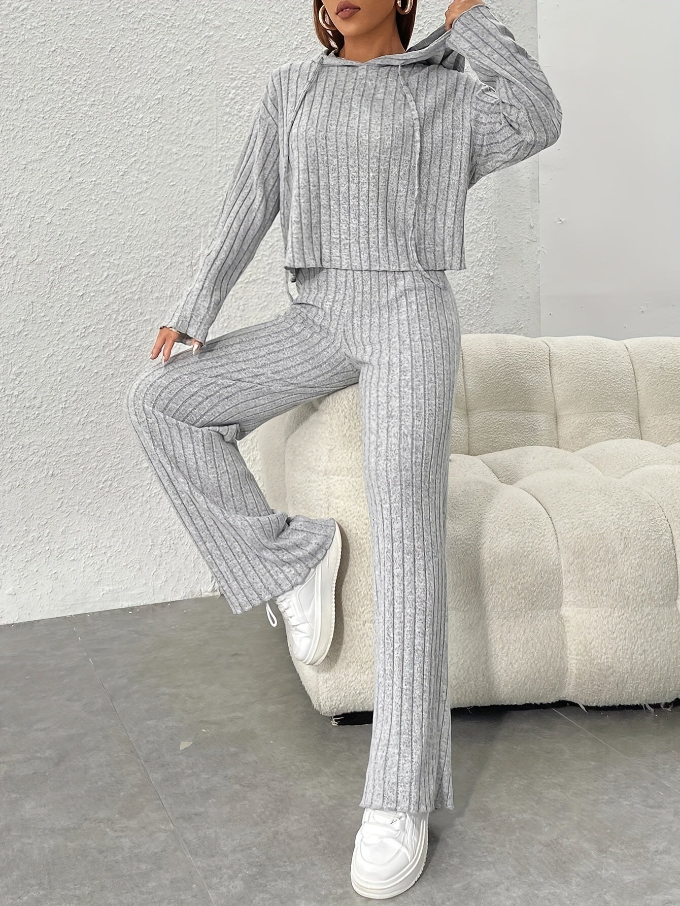 JENNIE Casual Ribbed Two-piece Set, Drawstring Long Sleeve Hoodie & Wide Leg Pants Outfits