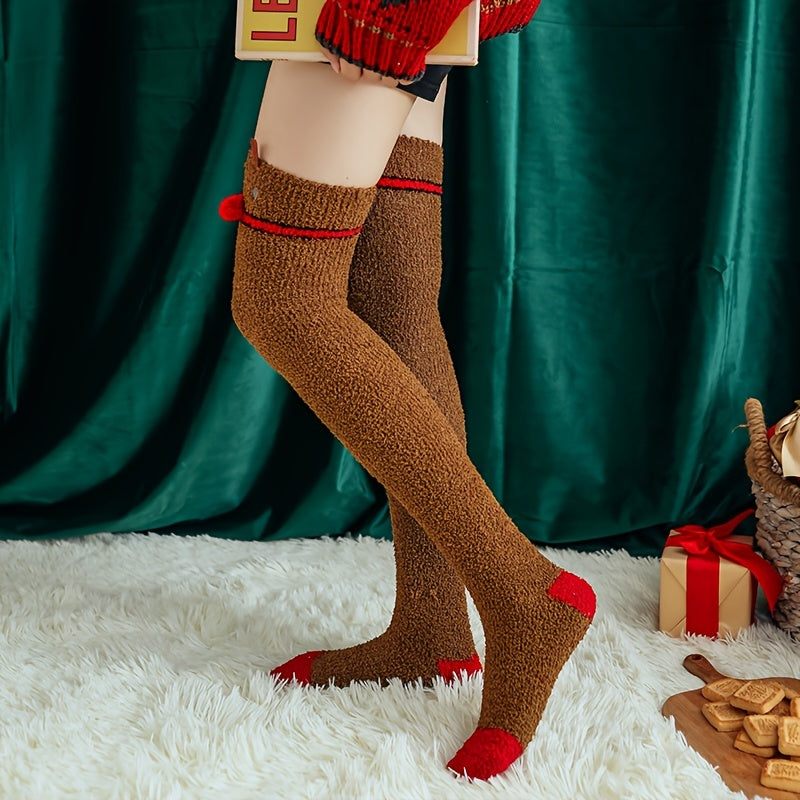 Christmas Fuzzy Thigh High Socks, Cute Warm Over The Knee Socks, Women's Stockings & Hosiery