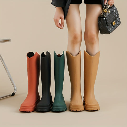 HAERIN Solid Color Rain Boots, Slip On Casual Platform Trendy Boots