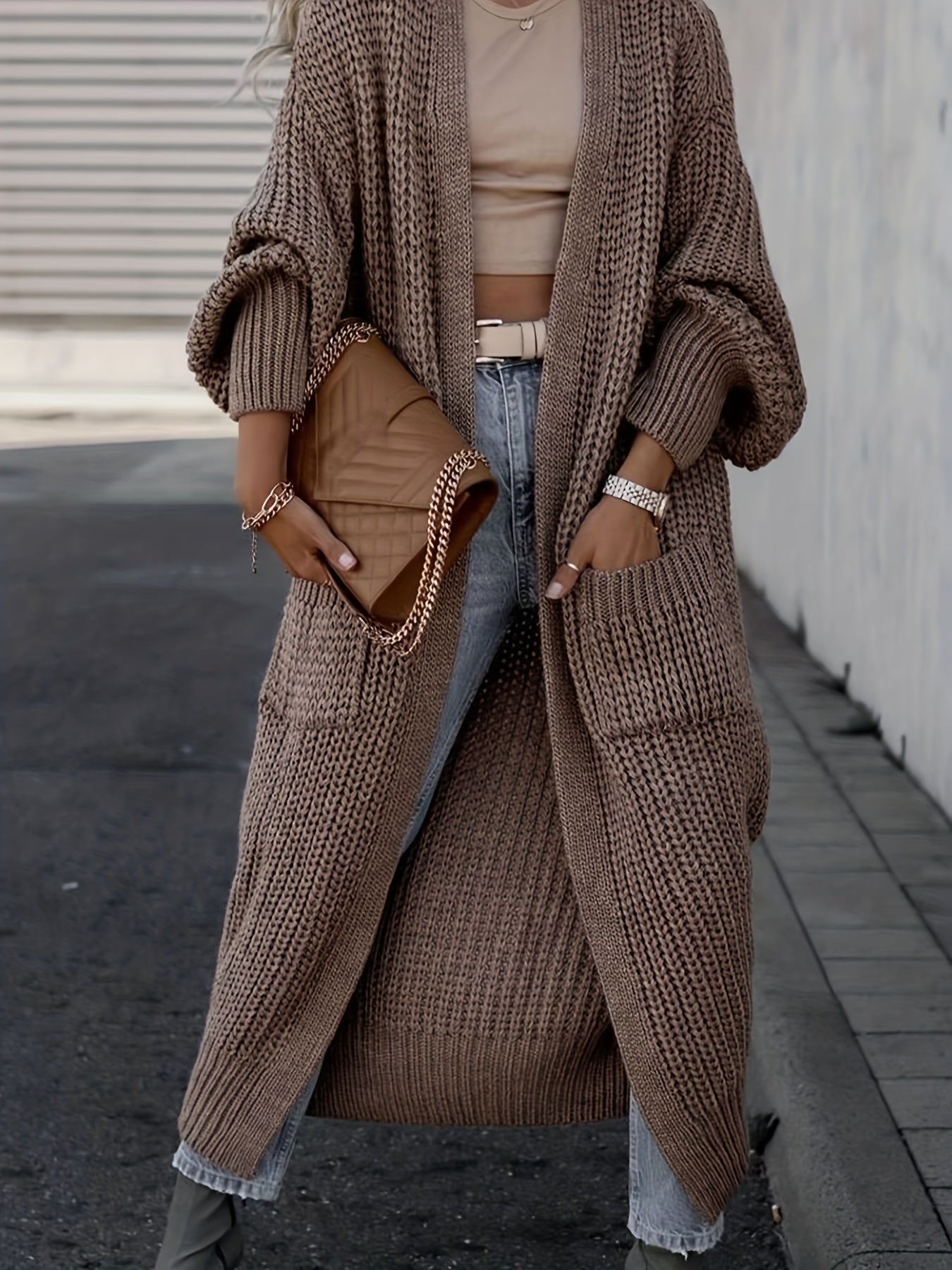 Solid Open Front Pocket Cardigan Long Sweater