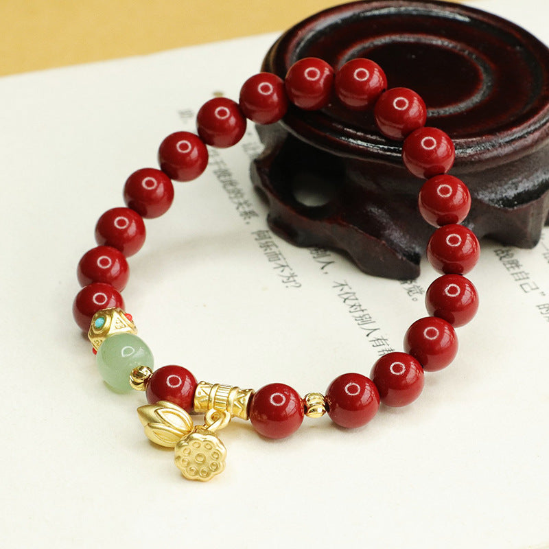 和田 Hetian Jade Lotus Cinnabar Bracelet